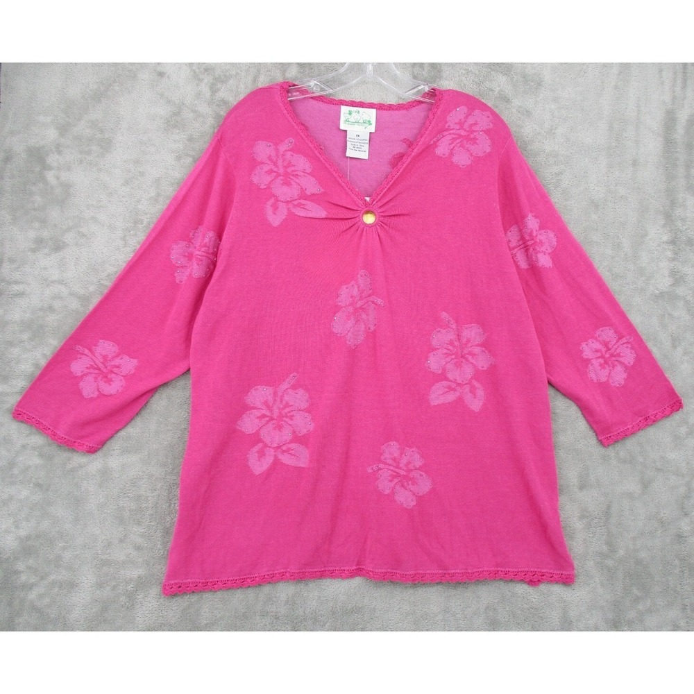 Quacker Factory Sweater Womens‎ Size 1X Tropical Silk Blend Floral Beaded Artsy